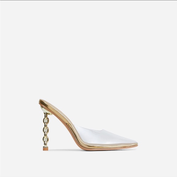 CLEAR PERSPEX POINTED TOE CHAIN DETAIL HEEL MULE IN GOLD FAUX LEATHER - Picture 2 of 6